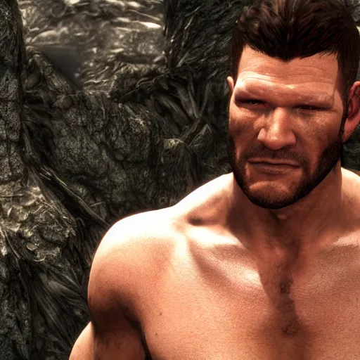 Prompt: character screenshot of michael bisping, npc talking, skyrim, wilderness, 1 0 8 0 p, bokeh, elder scrolls v, detailed, dialog text, eyepatch