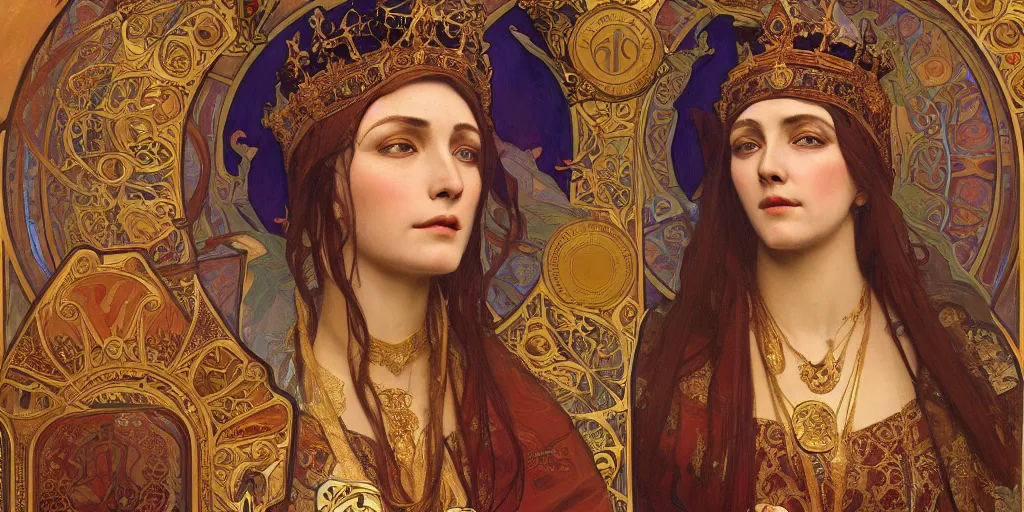 Image similar to byzantine empress theodora the first, art nouveau artwork masterpiece, by Alphonse Mucha, Adolfo Hohenstein, Stanley Artgerm Lau, Greg Rutkowski, Thomas Kindkade, trending on artstation, 4k, smooth, sharp focus