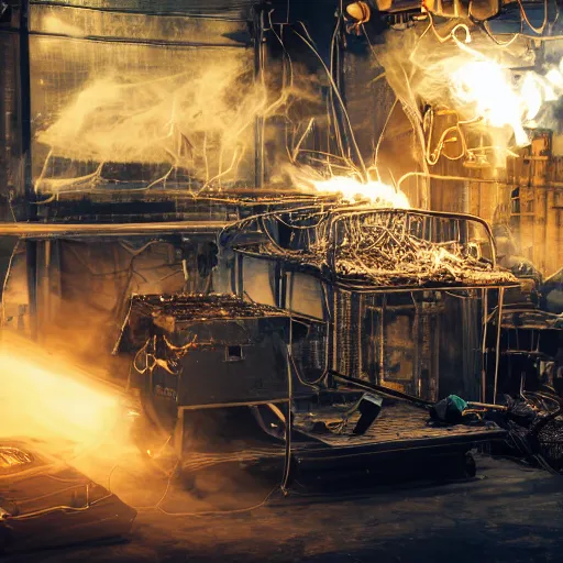 Image similar to overcharging toaster oven, tangles of metallic cables, dark messy smoke - filled cluttered workshop, dark, dramatic lighting, orange tint, sparks, plasma charges, cinematic, highly detailed, sci - fi, futuristic, movie still