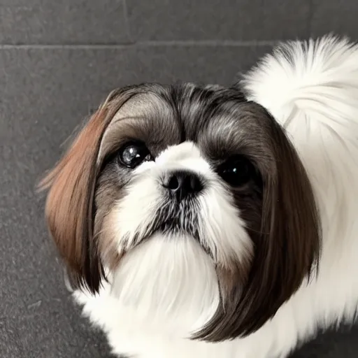 Image similar to A photo of a chubby shih tzu with medium-length hair, black and white fur and brown eyes