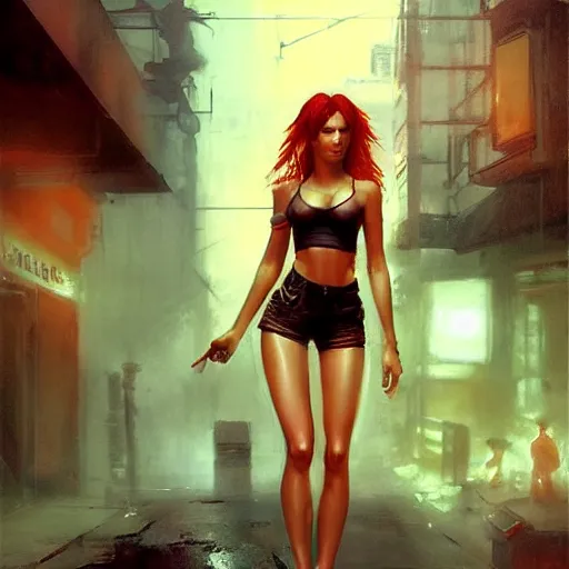 Image similar to bella thorne wearing crop top, hyperrealistic full figure, bladerunner street alley, art of elysium by frank frazetta and by jeremy mann, fantasy art, photo realistic, dynamic lighting, artstation, full figure poster, volumetric lighting, very detailed face, 4 k, award winning