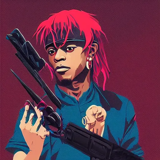 Image similar to Young Thug, Playboi Carti and Lil Uzi Vert, Ninja Scrolls, Gang, Pistol, Blood, red smoke, by Sachin Teng, by artgem, by Loish Trending on artstation