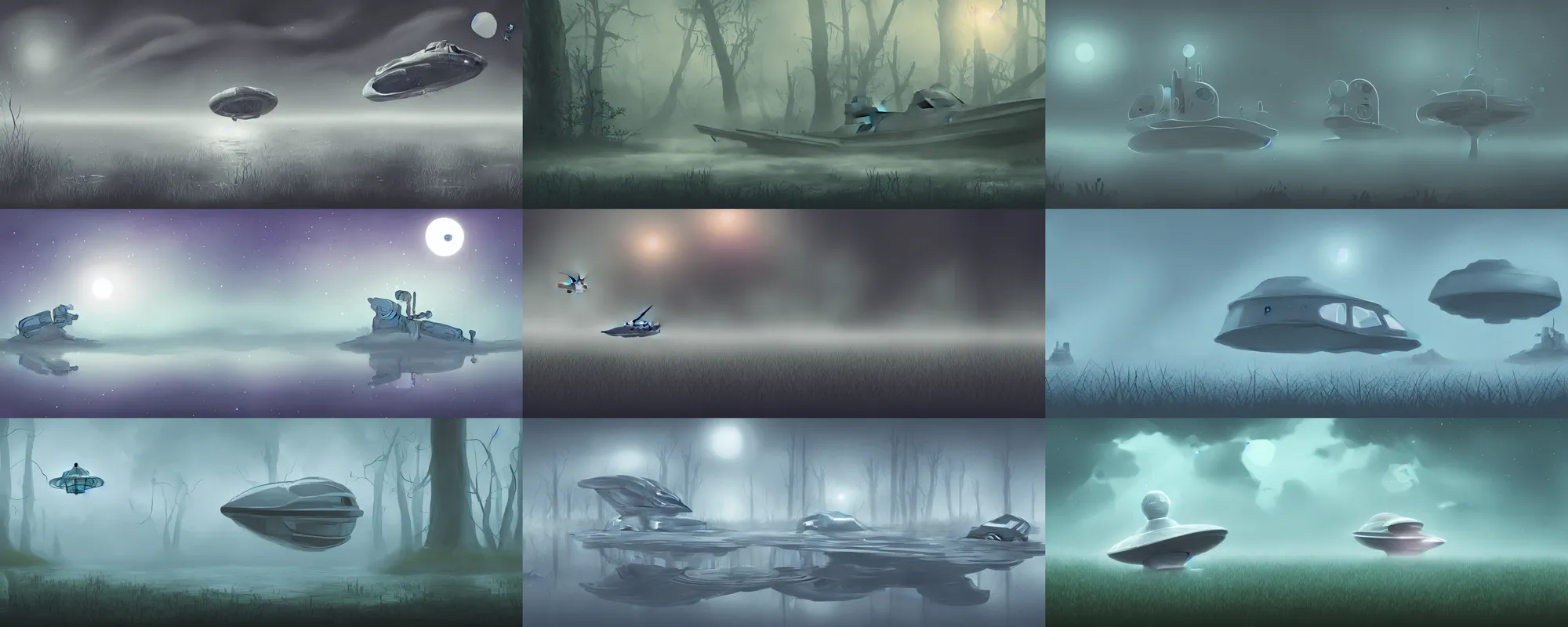 Prompt: illustration of a cute spaceship, detailed foggy morning watery swamp