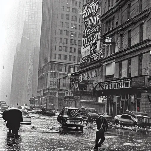 Prompt: an award winning photo of postapocalyptic new york, by helen levitt, ultra detailed, rainy, beautiful