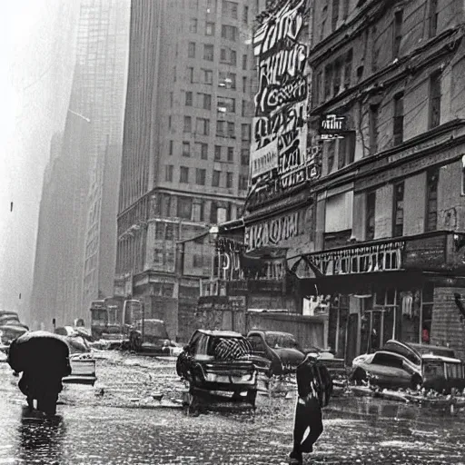 Image similar to an award winning photo of postapocalyptic new york, by helen levitt, ultra detailed, rainy, beautiful