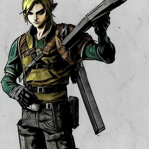 Prompt: link from zelda wearing a resident evil suit with gun by yoji shinkawa, concept art