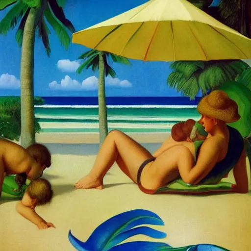 Image similar to a dream-vacation in the tropical beach by Raphael, Hopper, and Rene Magritte. detailed, romantic, enchanting, trending on artstation.