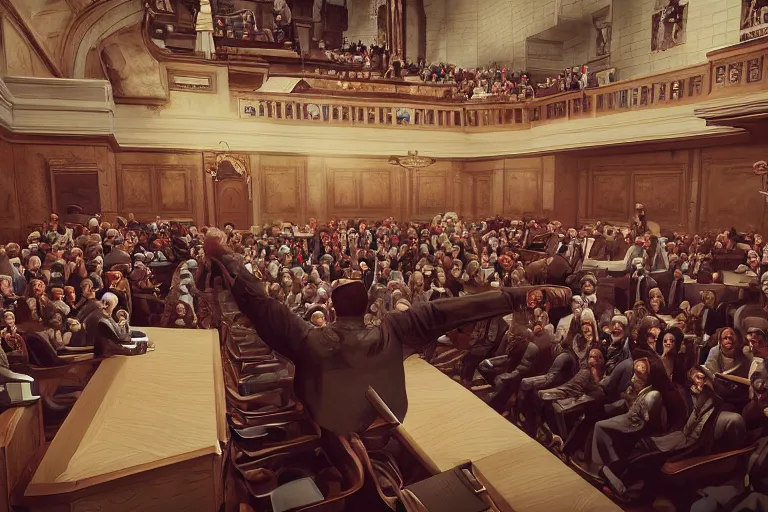 Image similar to a mouse as a judge in the courtroom with crowd of people, dramatic shot, wide angle hypermaximalistic, high details, cinematic, 8k resolution, beautiful detailed, insanely intricate details, artstation trending, octane render, unreal engine