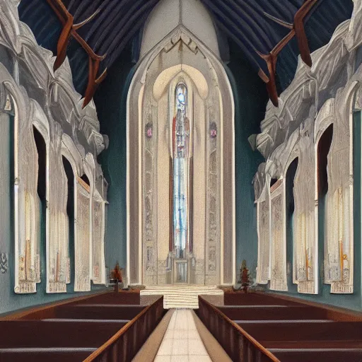 Prompt: a symmetrical cult church, oil painting, pale colors, high detail, 8 k, wide angle, trending on artstation,