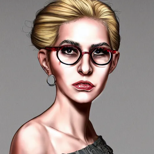 Image similar to middle aged beautiful french woman with blonde hair tied in a strict bun, spectacles, lots of makeup, arrogant, rich, expensive voluminous dress, digital art, high quality, 8 k, detailed, d & d character,