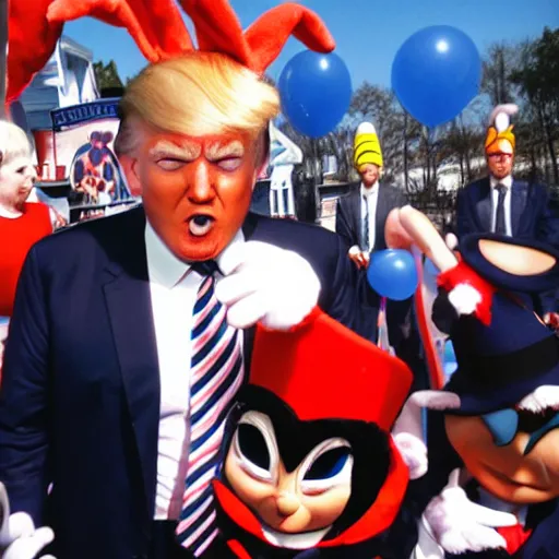 Prompt: professional photography Donald Trump cosplay as Bugs Bunny spying on children at a birthday party, high quality, good lighting,