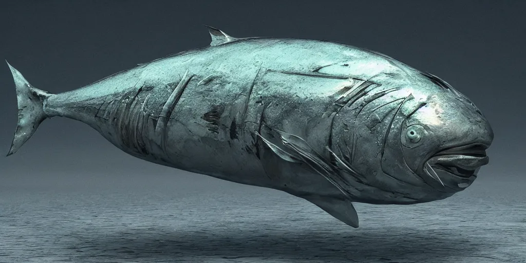 Image similar to tuna, stylized layered textures, long flowing fins, bioluminescent orbs, 3 d render, substance painter, glowing eye, smooth, sharp focus, art by h r giger