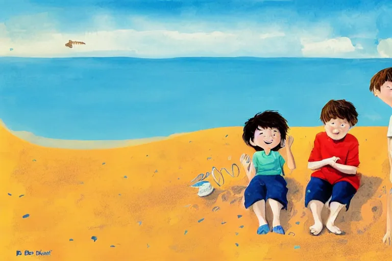 Prompt: Two happy children sitting on the beach making sandcastles, blue sky, HD, comic book, illustration by Benji Davies