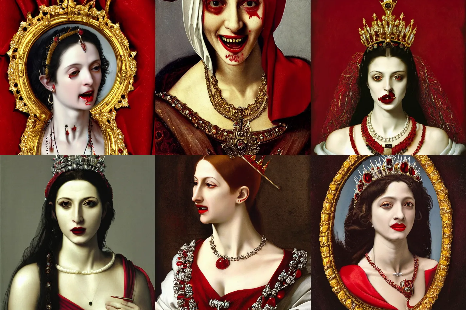 Image similar to A extremely highly detailed majestic hi-res beautiful immaculate head and shoulders painting of a beautiful bloody vampire woman with fangs, crying tears of red blood wearing a long royal red silk dress, the crown jewels is on her head and around her neck is a ornate golden necklace decorated with diamonds and rupees smiling by Michelangelo Merisi da Caravaggio, high detail, hyperrealistic, photorealistic, octante render, cinematic, high textures, royaltly, royal, hyper sharp, 4k insanely detailed and intricate, hypermaximalist, 8k, hyper realistic, super detailed, 4k HDR hyper realistic high,