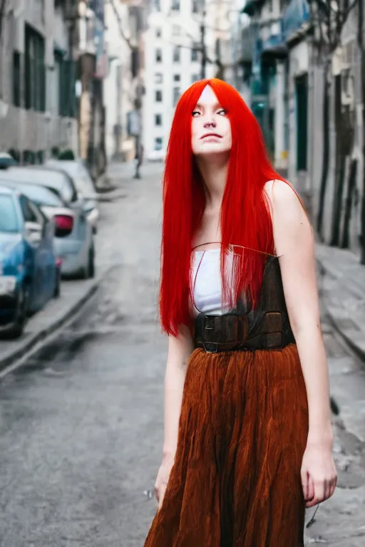 Prompt: red hair, standing in a street