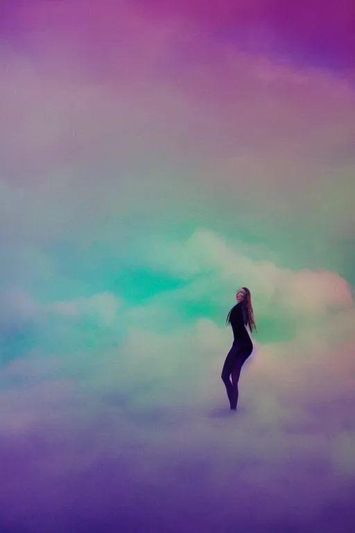 Image similar to high quality pastel coloured film close up wide angle photograph of a model wearing clothing swimming on cloud furniture in a icelandic black rock!! environment in a partially haze filled dreamstate world. three point light, rainbow. photographic production. art directed. pastel colours. volumetric clouds. pastel gradient overlay. waves glitch artefacts. extreme facial clarity. 8 k. filmic.