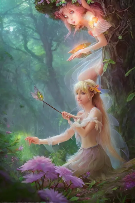 Image similar to a cute fairy in the dreamy forest, fantasy, 8 k resolution, hyper detailed, d & d, character design, digital painting, trending on artstation, sharp focus, illustration, art by artgerm, steve zheng, fuji choko, viktoria gavrilenko, hoang lap