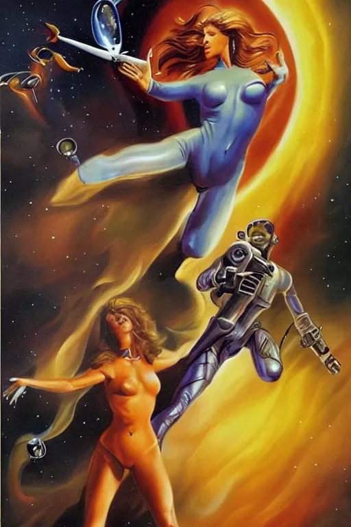 Prompt: Boris Vallejo art of a beautiful female cosmonaut fighting an alien.