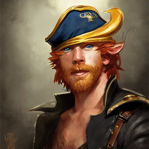 Image similar to handsome charming ginger rogue with large pointed ears, wearing a tricorne pirate captain hat, naval background, portrait, stunning award-winning art by Greg Rutkowski