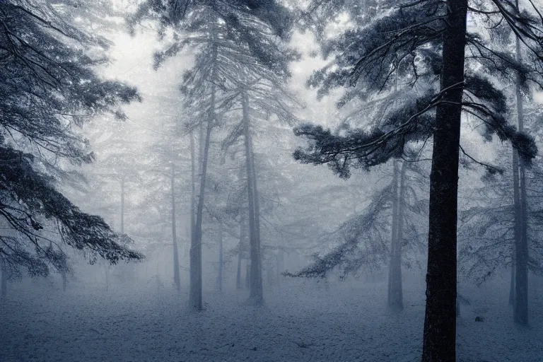 Image similar to portrait of pine trees in a forest during a blizzard. shadow and light. rays of light. energetic, dynamic, lively, detailed, intricate, complex. fine art by hayao miyazaki, akira toriyama, makoto shinkai, and ohara koson. studio lighting. tilt and shift lens. bokeh.