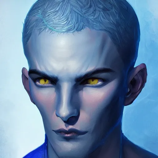 Prompt: head-on symmetrical centered painted portrait, a blue-skinned man in his twenties as a D&D wizard, fantasy, intricate, elegant, highly detailed, digital painting, smooth, sharp focus, illustration, artstation, in the style of Artgerm and Anna Podedworna and Charlie Bowater