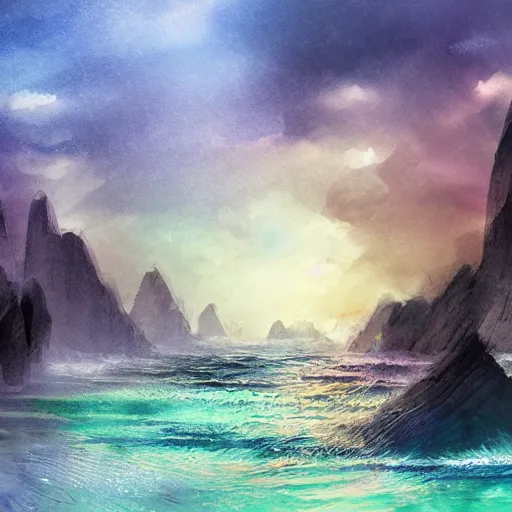 Prompt: digital matte fantasy watercolor seascape, artstation, behance, 8 k, by affandi