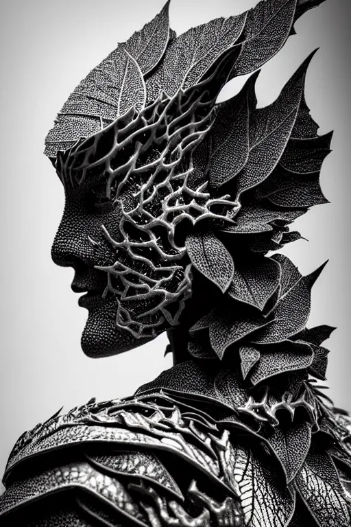 Prompt: monochrome close - up profile face, black background, beautiful porcelain vegetal - dragon - cyborg - female, beautiful natural soft rim light, silver gold details, magnolia leaves and stems, roots, mandelbot fractal, elegant, hyper real, ultra detailed, white metallic armour