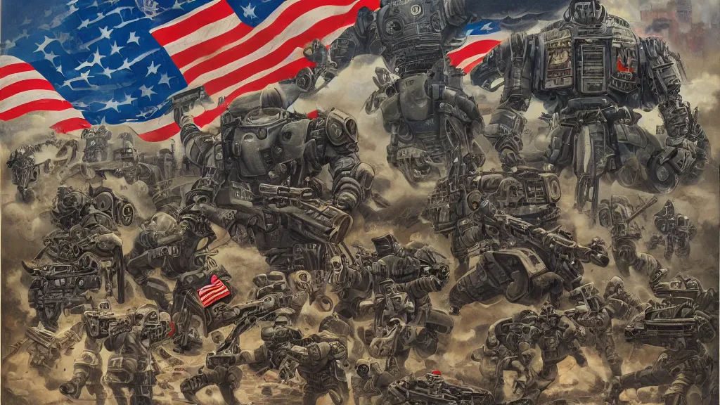 Prompt: American mechs take Okinawa, sci-fi illustrations, WWII propaganda poster, highly detailed, intricate, photorealistic, award-winning, patriotic, american, dark, gritty, oil painting