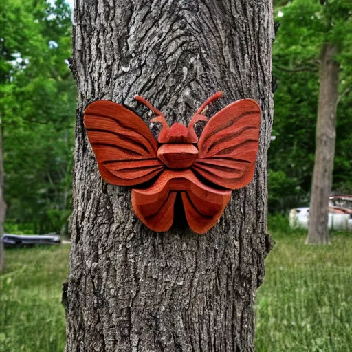 Prompt: bug carved in red oak tree