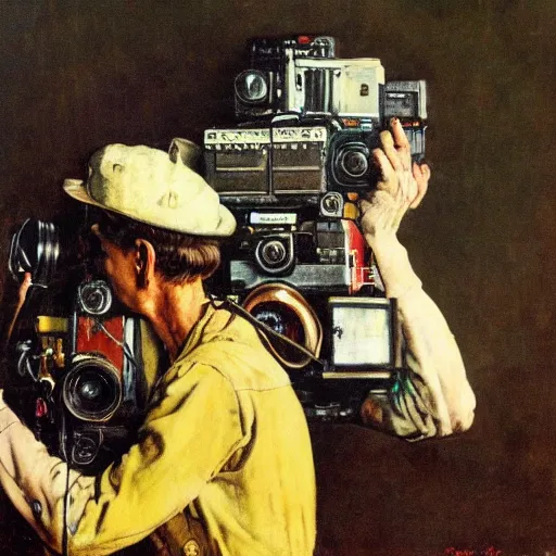 Image similar to norman rockwell painting of a television crew member holding a large television - video - camera