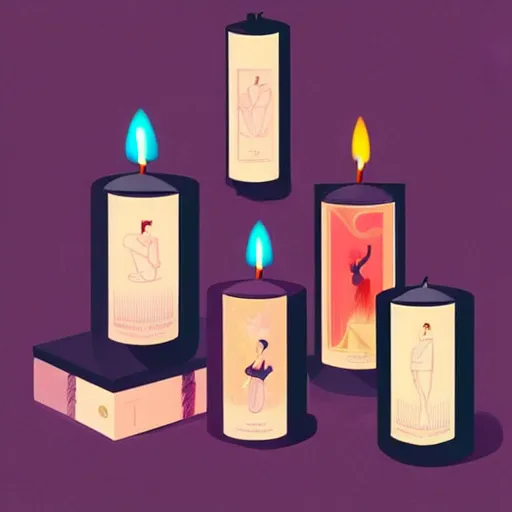 Prompt: illustration with a set of beautiful scented candles by tomer hanuka, an art deco painting by tom whalen, trending on behance, art deco, digital illustration, storybook illustration, grainy texture, flat shading, vector art, airbrush, pastel, watercolor, poster