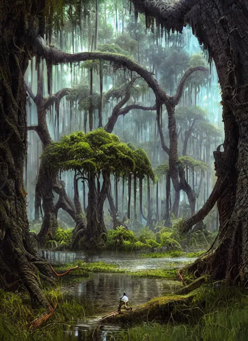 Image similar to a digital painting of a swampy area with trees, a detailed matte painting by stephan martiniere, cgsociety, fantasy art, matte painting, concept art, fractalism