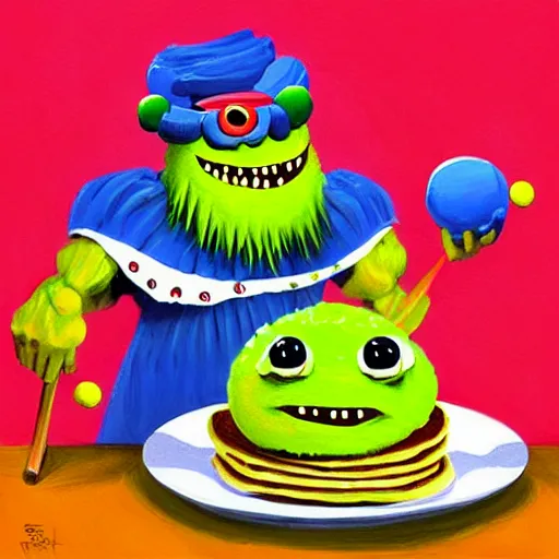 Image similar to a tennis ball monsters eating pancakes, colorful, digital art, fantasy, magic, chalk, trending on artstation, ultra detailed, professional illustration by basil gogos