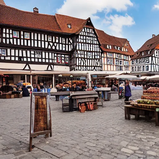 Image similar to A photograph taken in 1200AD of the market Square of a medieval town, Germany 1200AD. midday, clear sky. The market is filled with merchants selling goods and surrounded by Half-timbered houses. cobblestone, brick, market, tents, merchants. 75mm