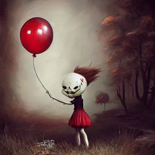 Image similar to grunge cartoon landscape painting of bilie eilish with a wide smile and a red balloon by - michal karcz, loony toons style, pennywise style, horror theme, detailed, elegant, intricate