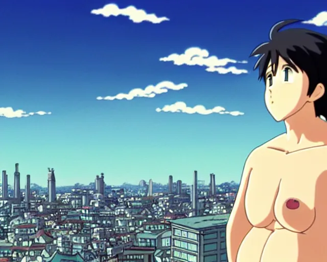 Prompt: Handsome anime man with big pregnant belly, city in the background, highly detailed, anime by Studio Ghibli, sharp