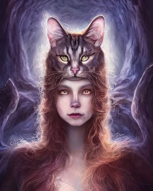 Image similar to majestic and beautiful young half half cat girl goddess!!, ears, tail, intricate, epic, elegant, menacing, fantasy, highly detailed, digital painting, hard focus, beautiful volumetric lighting, epic light, ultra detailed, souls, smoke, by leesha hannigan, ross tran, thierry doizon, kai carpenter, ignacio fernandez rios