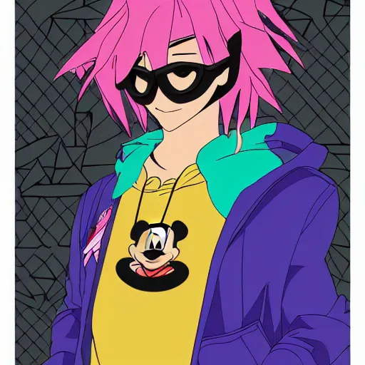 Prompt: portrait Brooklyn from Disney’s Gargoyles wearing a vibrant 90s hoodie and black sunglasses, posing for the camera, key anime visual, anime line art, official art style