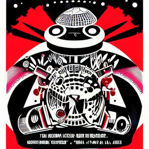 Prompt: red and black psychedelic music flyer with aliens and flying saucers from the 60’s with occult symbols in the background