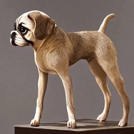 Image similar to photo of pugalier dog sculpture, by caravaggio, immense detail, intricate background