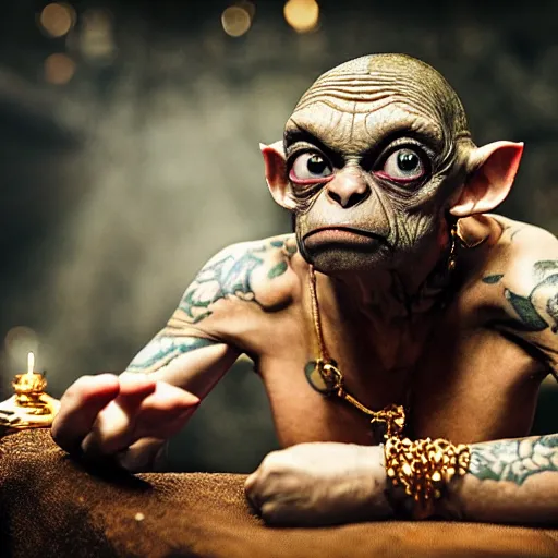 Image similar to gollum couching in a dungeon proudly wearing gold and jewelry and bling, hip hop style, tattoos, lotr, imax, foggy atmosphere, bokeh, professional studio shot, stylized photo, single image