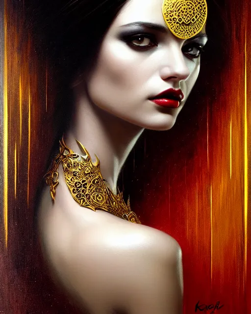 Image similar to portrait of a beautiful goddess, enigmatic beauty, dominant shades of black, gold silver, dark red, white, head in focus, fantasy art, ornamental aesthetics, intricate, elegant, highly detailed, hyperrealistic painting, artstation, concept art, painterly, sharp focus, illustration, art by karol bak