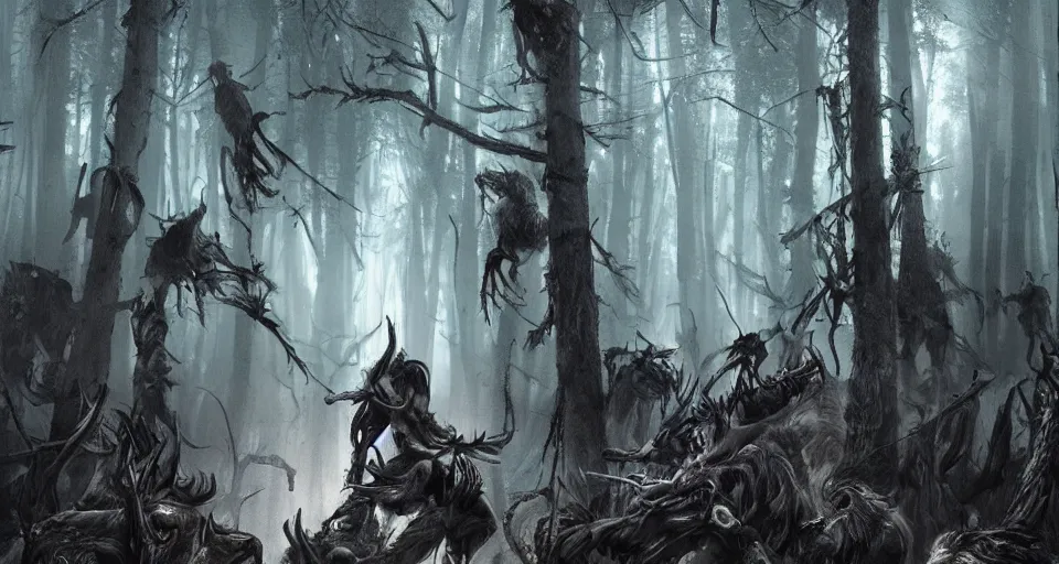 Image similar to an epic action concept masterpiece of a rabid wolfpack, in a forest made of nightmares, horrific digital art, extremely moody lighting, style of magali villeneuve