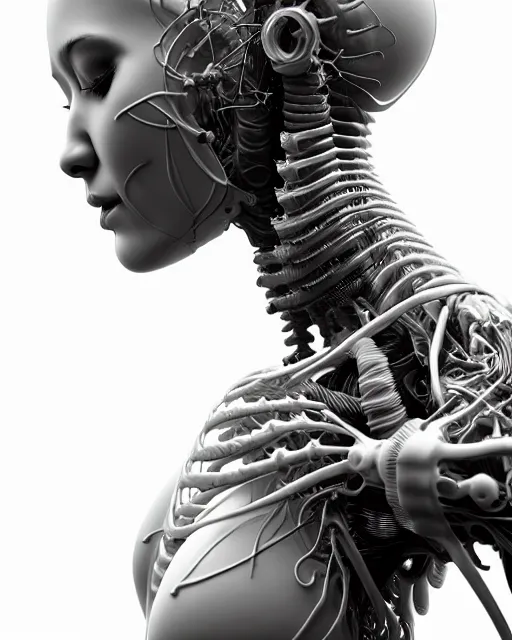 Image similar to raw bw 3 d redshift render flesh biomechanical intricate spinal ribbed jelly body detail of mechanical female vegetal - cyborg, beautiful insanely detailed, digital art, octane render, 8 k artistic photography, photo - realistic, unreal engine