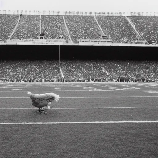 Image similar to the famous funky chicken runs across a football field, interrupting the big game, 3 5 mm