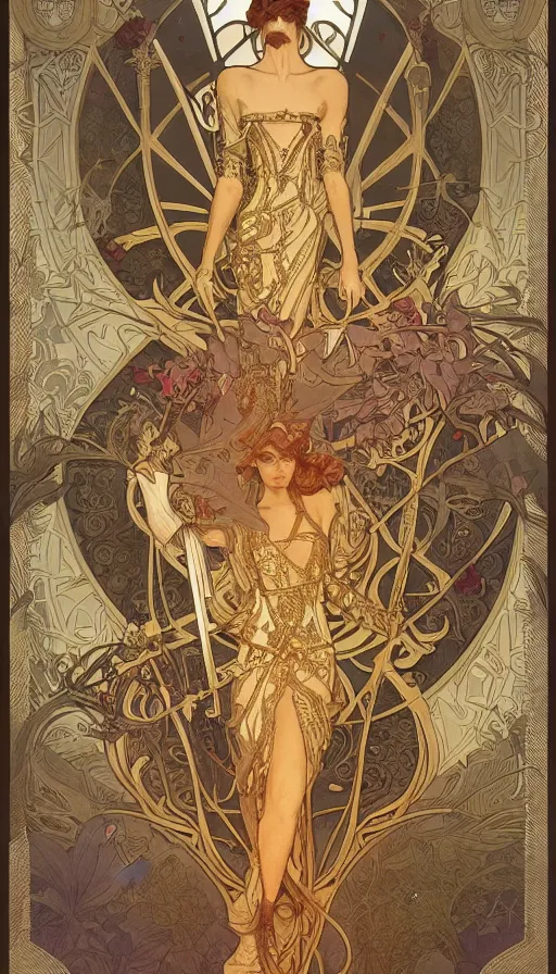 Image similar to soldiers, highly detailed, very intricate, art nouveau, gold filigree, left right symmetry, tarot concept art watercolor illustration by mandy jurgens and alphonse mucha and alena aenami, featured on artstation