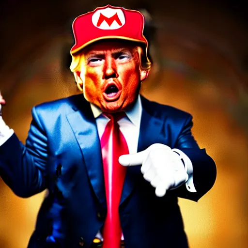 Image similar to uhd candid photo of hyperdetailed photorealistic donald trump dressed as super mario. correct face, cinematic lighting, photo by annie leibowitz, and steve mccurry.