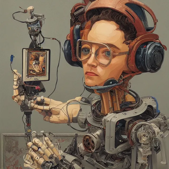 Image similar to robot artist painting a self - portrait on a canvas. intricate, highly detailed, digital matte painting, in the style of alexandros pyromallis, and in the style of sachin teng, and in the style of hans thoma, and in the style of peter mohrbacher. irony, recursion, inspiration.