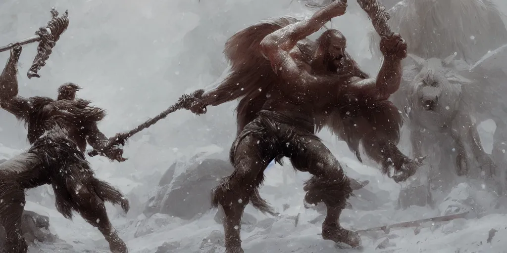 Image similar to ancient persian super hero long beard muscle body with a mace in hand on a snowy peak killing a white beast, art by greg rutkowski, dark fantasy art, high detail, trending on artstation, insane details, dramatic lighting,