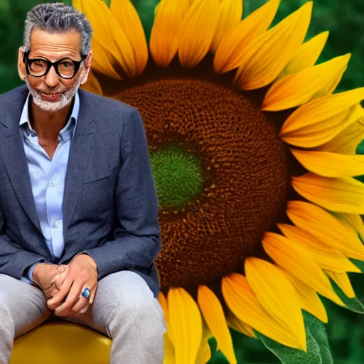 Prompt: jeff goldblum is sitting inside a giant sunflower